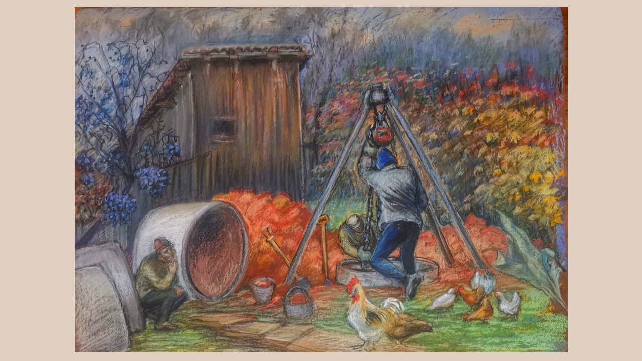 „Wasserbrunnen, Ringe anbringen“, Pastell auf Sandpapier, 31. Oktober 2025