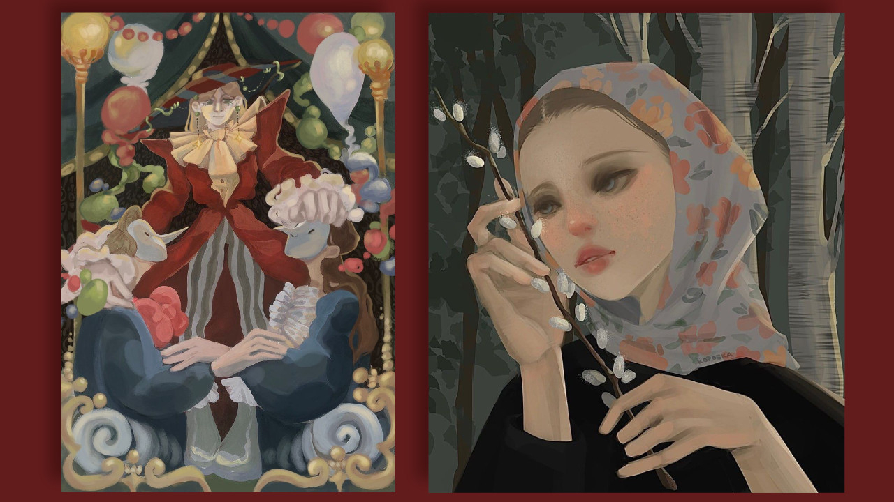 Gemälde „Geheimnisvoller Kavalier in Maske“ und „Mädchen mit der Weide“