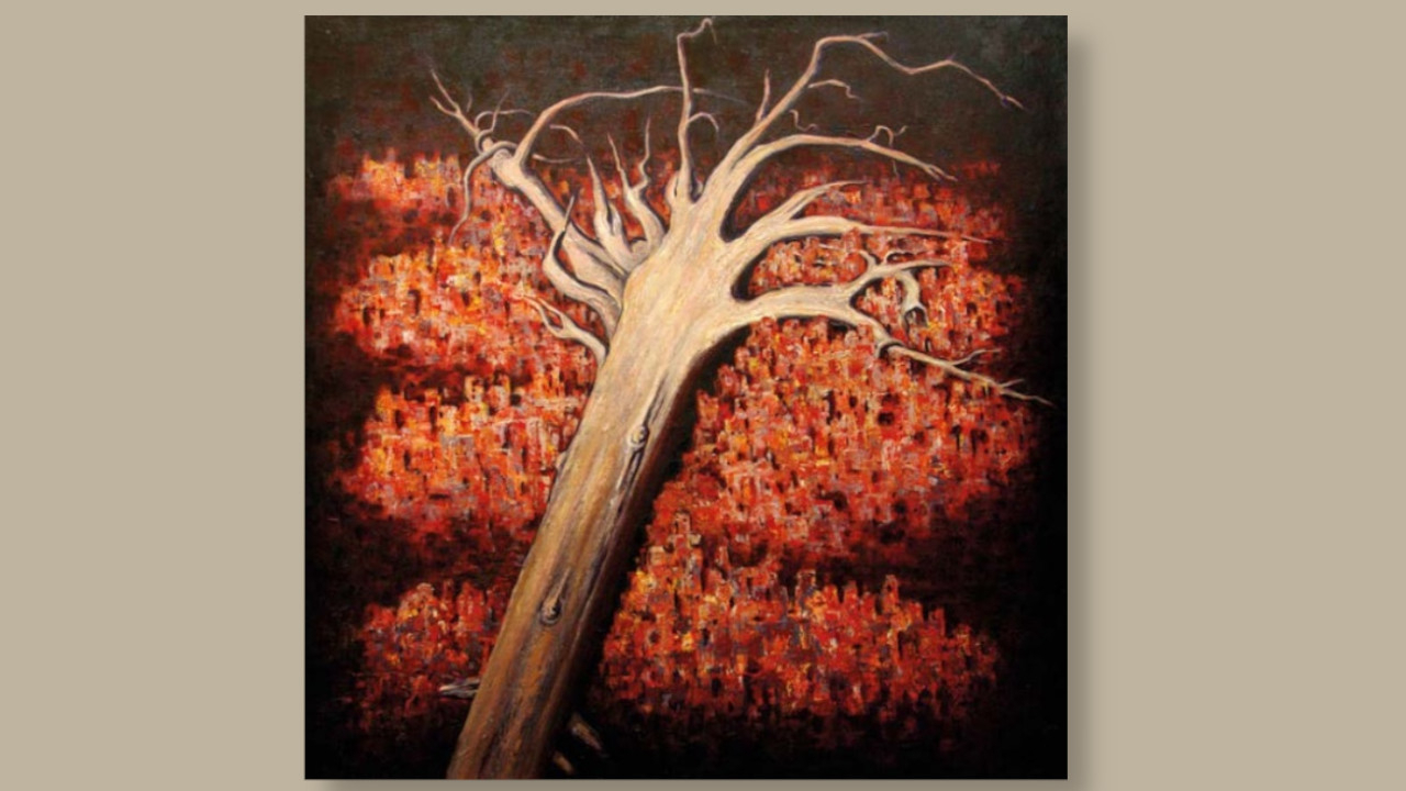 Baum und Stadt. 2002. Öl auf Leinwand, 100 x 100 cm