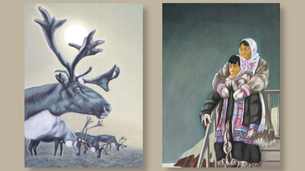 Hirsch und Sonne. Taimyrhalbinsel. 2005. Soße, Pastellkreide auf Karton, 100 x 70 cm / Erwartung. Taimyrhalbinsel. 2005. Soße, Pastellkreide auf Karton, 100 x 70 cm