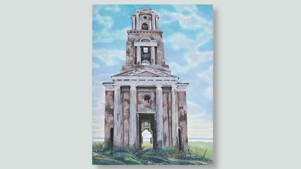 Dmitri Geweiler. „Lutherische Kirche in der ehemaligen deutschen Kolonie Warenburg“. 2016. Öl auf Leinwan / Foto: Fotoarchiv des IVDK